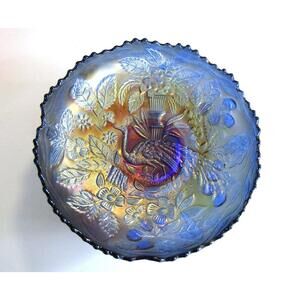 Fenton Carnival Glass Bowl In The Peacock and Urn Pattern In Cobalt Blue c. 1905